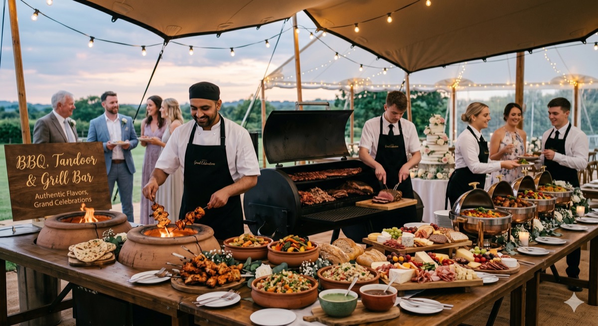 Tandoor and BBQ grill bar with chef cooking on-site at a Pakistani catering event