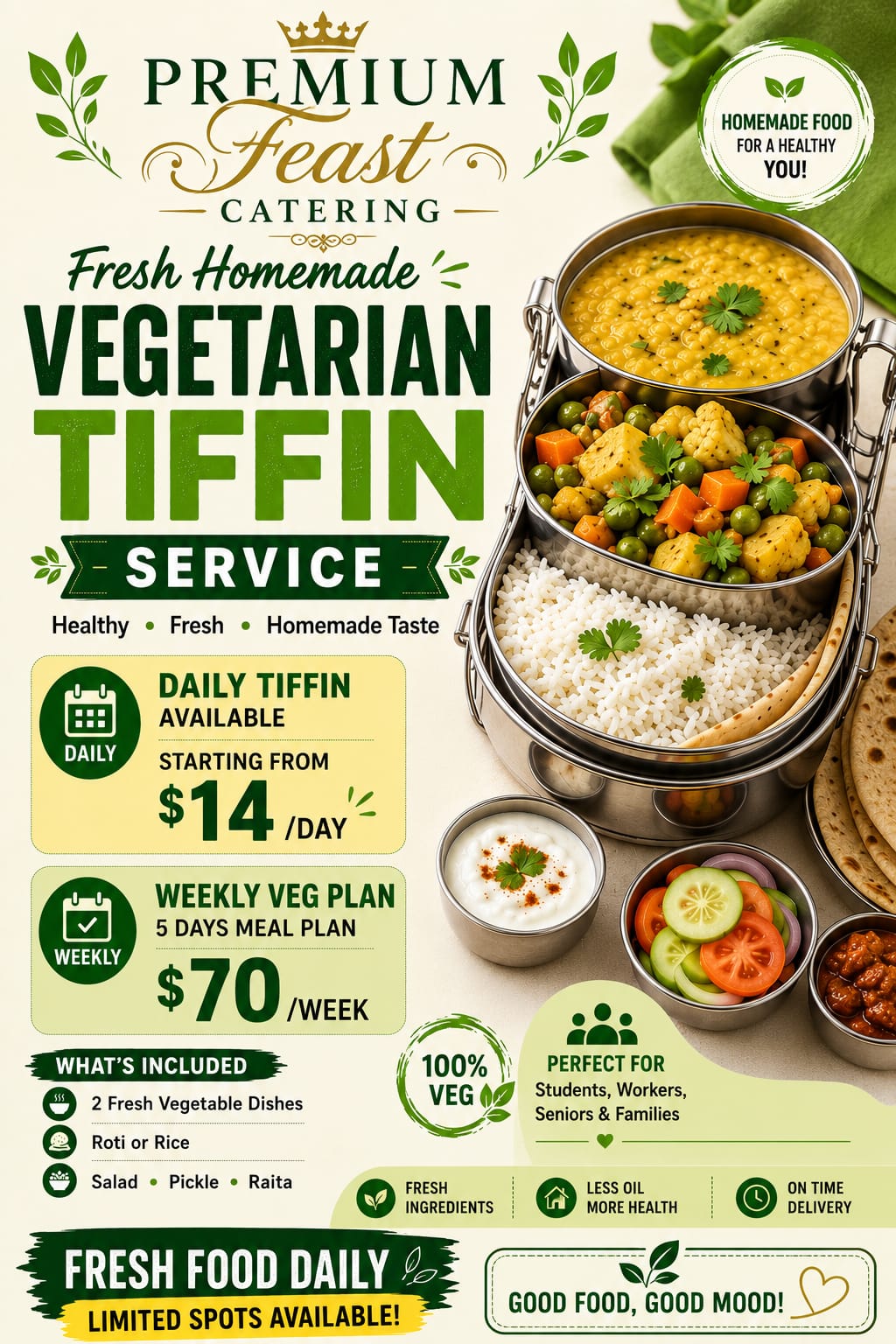 Premium Feast Catering — Fresh Vegetarian Tiffin Service flyer, $14/day or $70/week